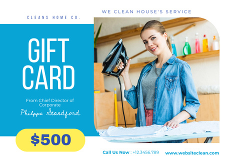 Cleaning Service Gift card with Girl with Iron Postcard Design Template