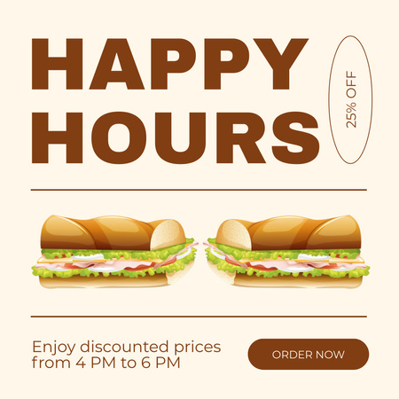 Happy Hours gyors alkalmi éttermekben ételek illusztrációjával Instagram AD tervezősablon