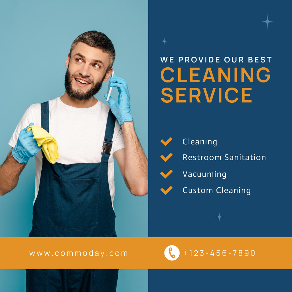 Client-oriented Cleaning Service Ad with Man in Uniform Instagram AD tervezősablon