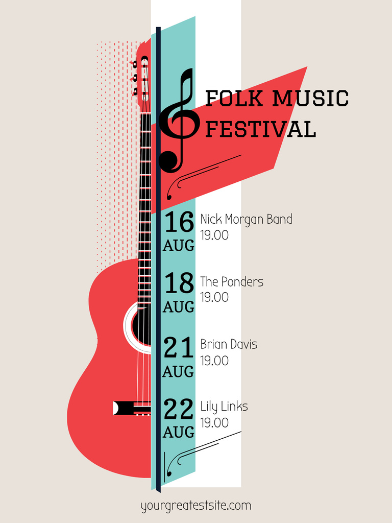 Music Festival Announcement with Acoustic Guitar Poster USデザインテンプレート
