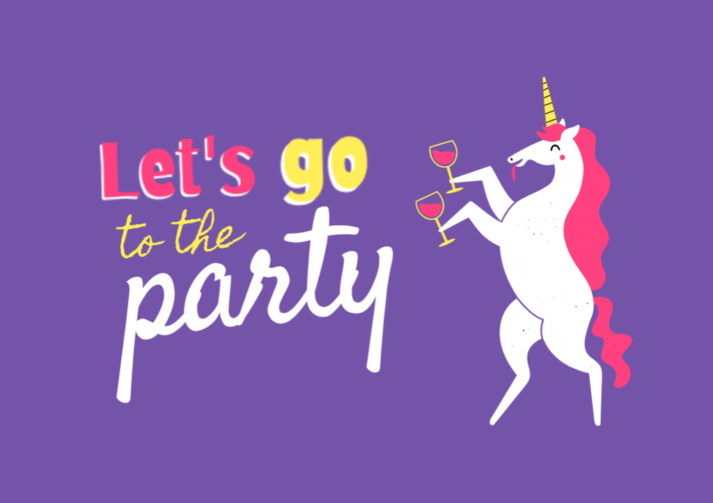 Party Announcement And Unicorn With Wineglasses Postcard A5 – шаблон для дизайна