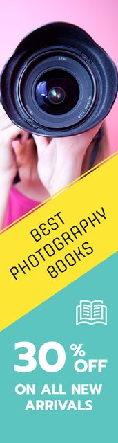 Photography Books Sale Offer with Camera Skyscraper Modelo de Design