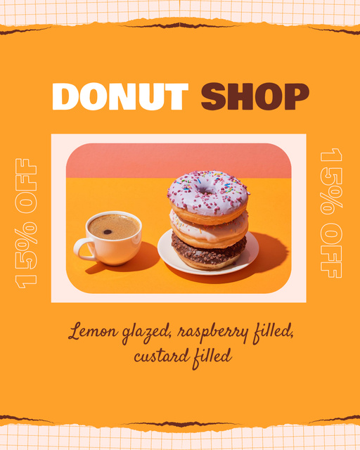 Doughnut Shop Ad with Stack of Donuts on Plate Instagram Post Vertical Design Template