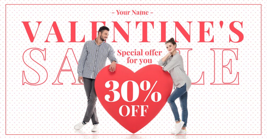 Valentine's Day Sale with Couple in Love with Red Heart Facebook AD Design Template