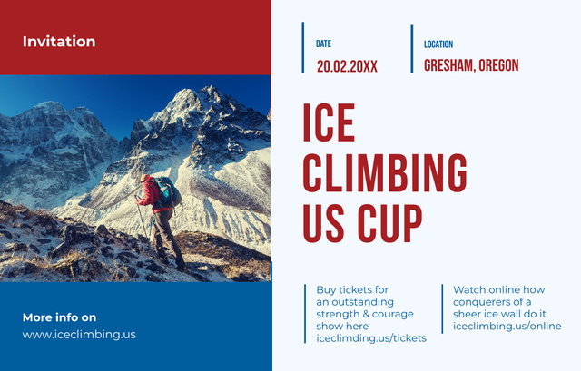 Designvorlage Tour Ad with Climber Walking On Snowy Peak für Invitation 4.6x7.2in Horizontal