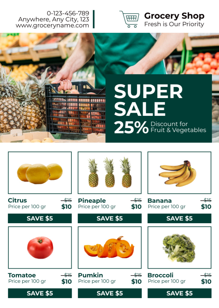 Discount for Fruits and Vegetables at Supermarket Flayer Design Template