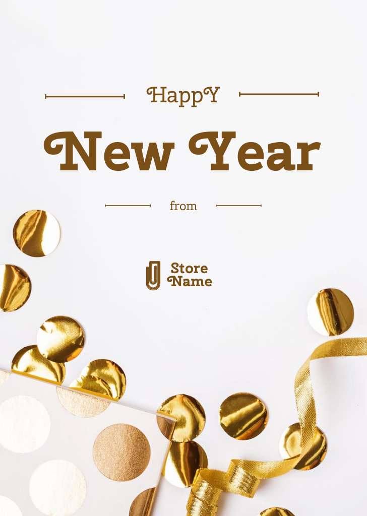 Designvorlage Bright New Year Wishes with Golden Confetti für Postcard A6 Vertical