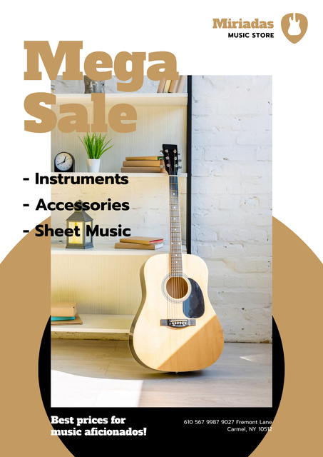 Musical Instruments Sale with Wooden Guitar Poster Design Template