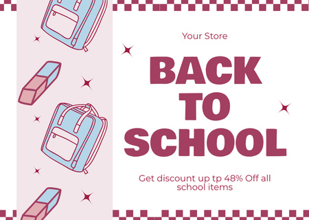 Discount on School Items with Blue Backpack on Pink Card Design Template