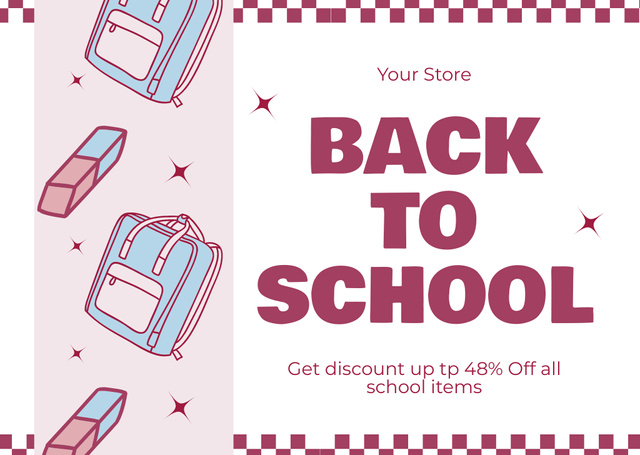 Platilla de diseño Discount on School Items with Blue Backpack on Pink Card