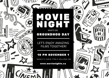 Ontwerpsjabloon van Postcard van Movie Night Event-aankondiging met Arts Icons Pattern