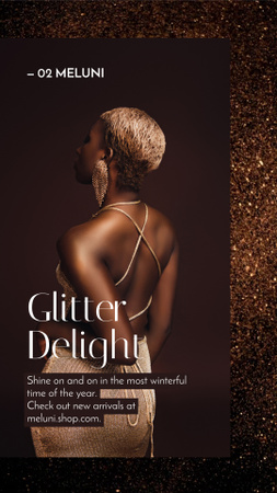 Designvorlage Modeverkaufsfrau im glänzenden goldenen Kleid für Instagram Video Story