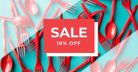 Discount Offer with Red Plastic Tableware Facebook AD Design Template
