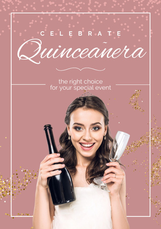 Announcement of Quinceañera with Girl in White Dress and Champagne Flyer A7 Design Template