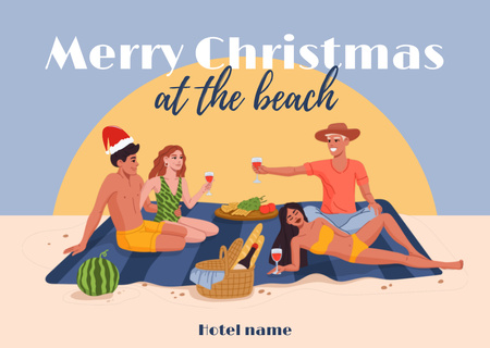 Happy Friends Celebrating Christmas in July at Beach Card Design Template