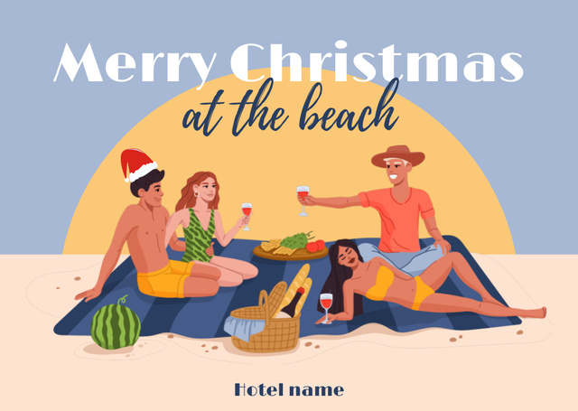Platilla de diseño Happy Friends Celebrating Christmas in July at Beach Card