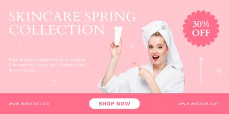 Announcement of Sale of Spring Collection of Skin Care Cosmetics in Pink Twitter Design Template