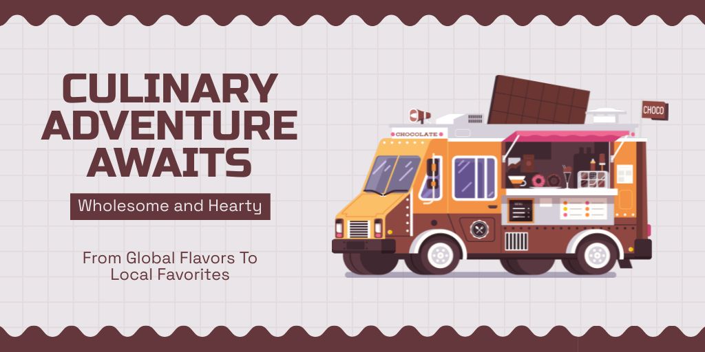 Culinary Adventure Ad with Illustration of Street Food Truck Twitter Design Template