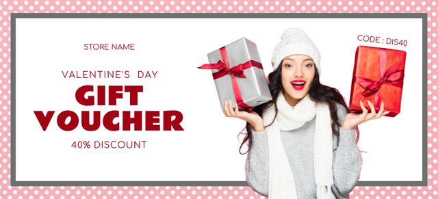 Plantilla de diseño de Valentine's Day Discount Gift Voucher with Cheerful Woman with Gifts Coupon 3.75x8.25in 