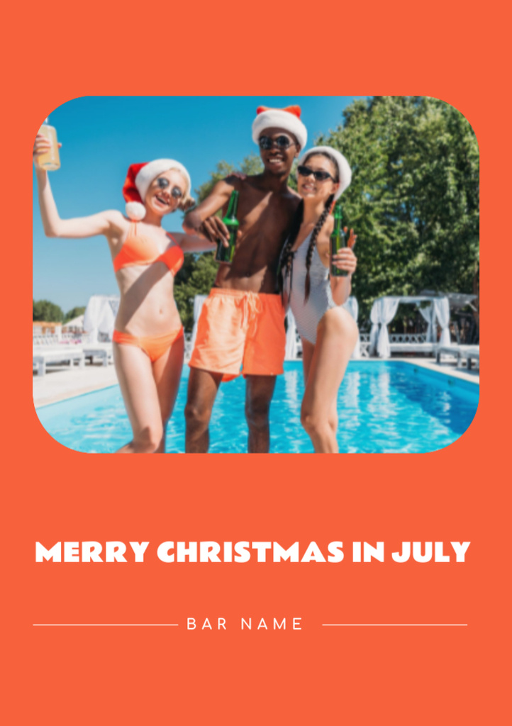 Happy Friends in Santa Hats Celebrating Christmas in July Postcard A5 Vertical Design Template