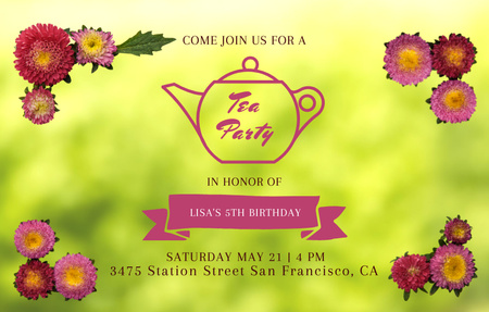 Announcement Of Lovely Birthday Tea Party With Flowers Invitation 4.6x7.2in Horizontal Design Template