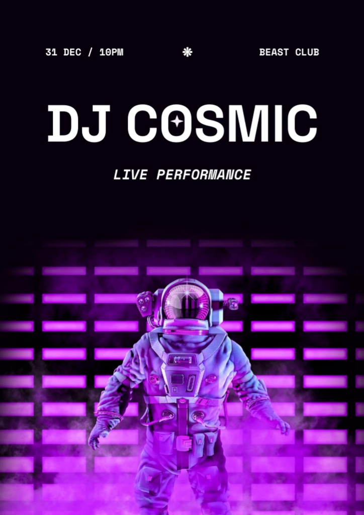 Party Announcement with Astronaut in Neon Light Flyer A4 Tasarım Şablonu