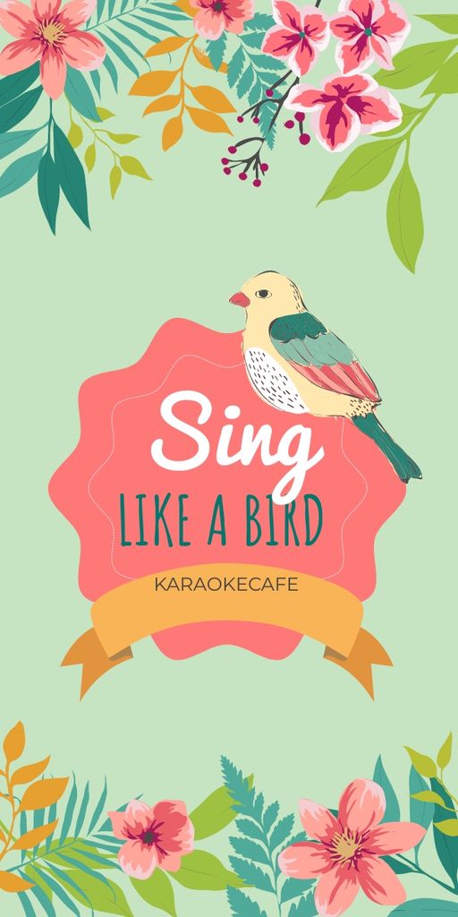Karaoke Cafe Ad with Cute Singing Bird in Flowers Graphic Design Template