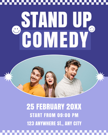 Stand Up Show Announcement with Cheerful Young People on Blue Instagram Post Vertical Design Template