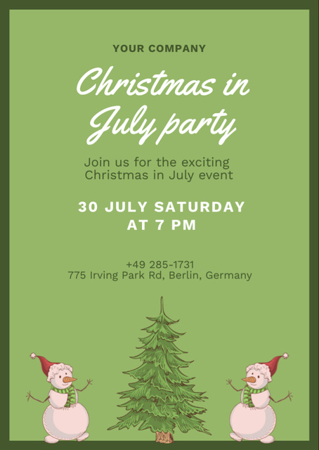 Template di design July Christmas Party Announcement with Snowmen in Green Flyer A6
