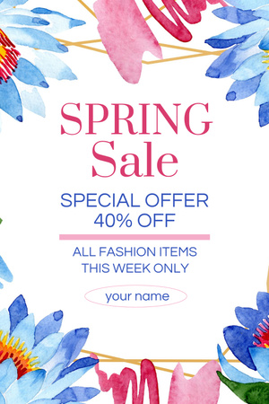 Spring Sale Announcement with Watercolor Flowers Pinterest Design Template