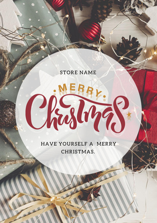 Christmas Greeting With Presents And Pine Cones Postcard A5 Vertical Šablona návrhu