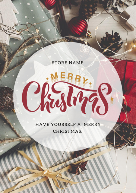 Plantilla de diseño de Christmas Greeting With Presents And Pine Cones Postcard A5 Vertical 