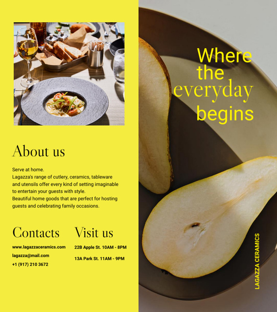 Restaurant Services Offer with Fresh Pears on Plate Brochure 9x8in Bi-fold Design Template