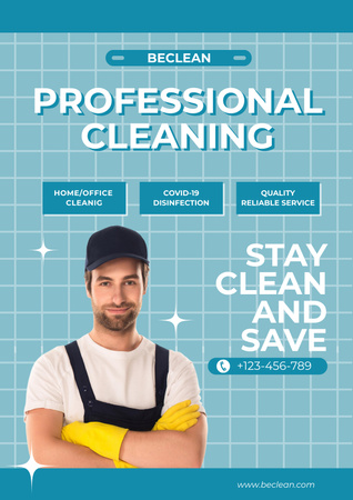 Cleaning Service Ad with Man in Uniform Poster Modelo de Design