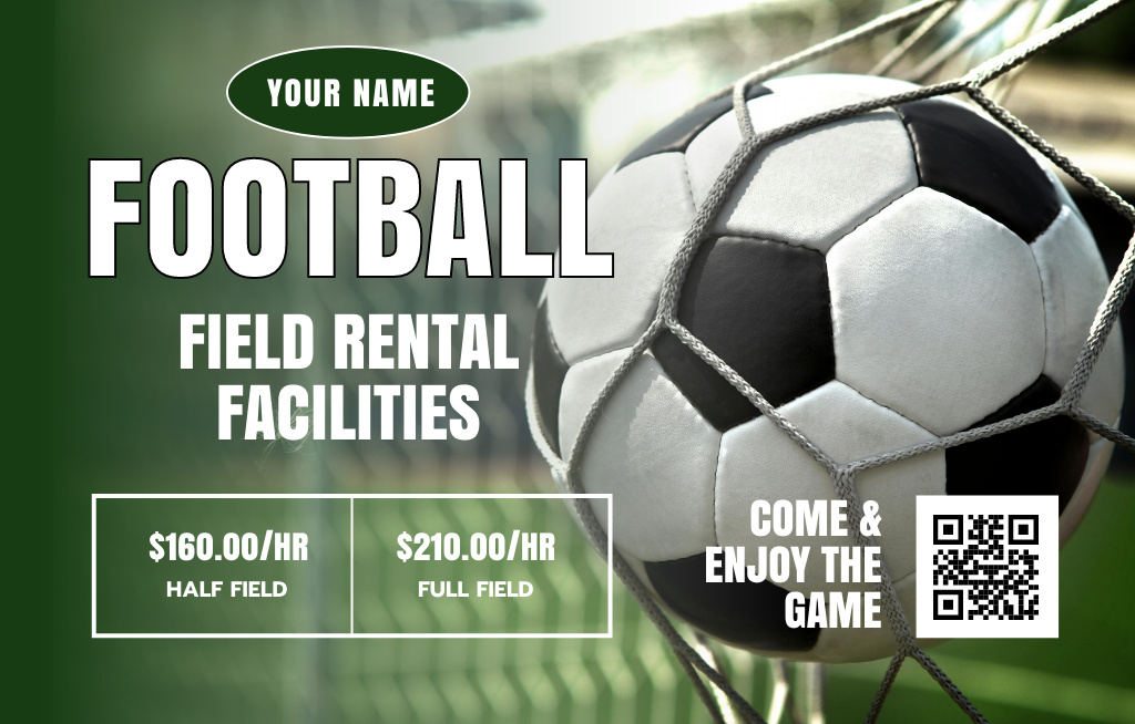 Football Field Rental Facilities Offer with Soccer Ball Invitation 4.6x7.2in Horizontal Design Template