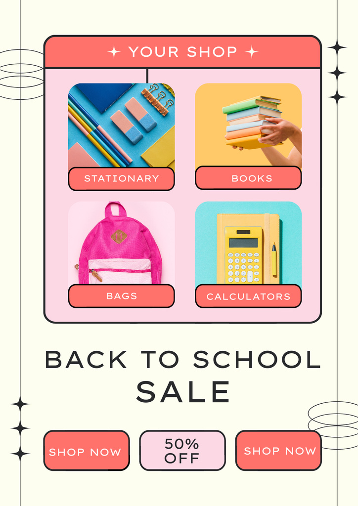 Back to School Sale with Bright School Supplies Poster Modelo de Design