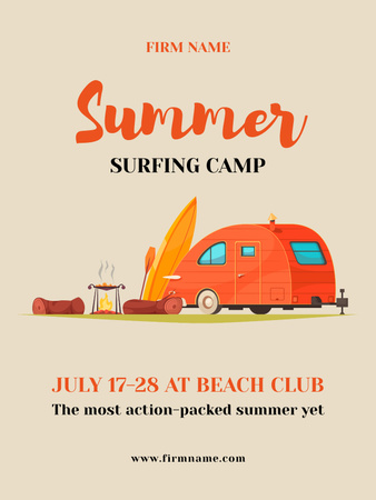 Summer Surfing Camp Offer with Trailer Poster US Design Template