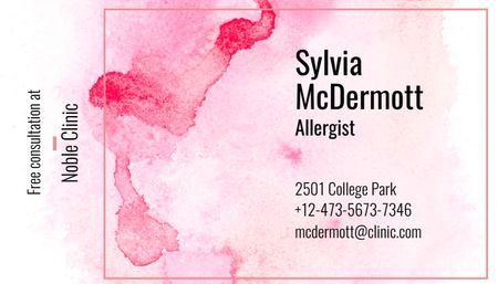 Doctor Contacts on Watercolor Paint Blots in Pink Business Card US Πρότυπο σχεδίασης