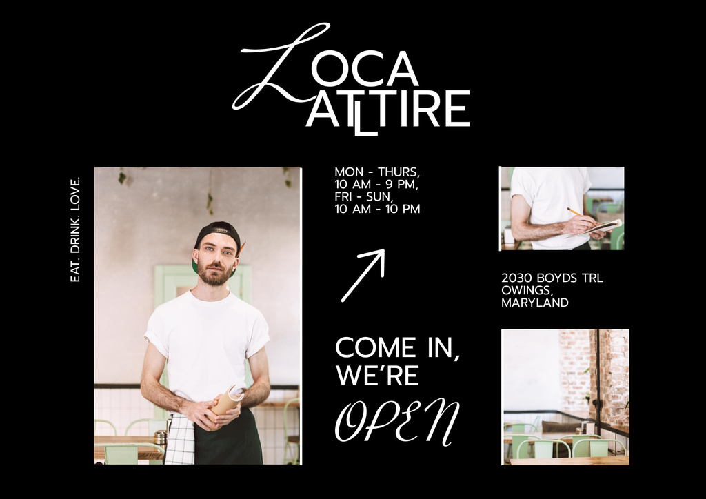 Local Cafe Opening Announcement with Barista on Black Poster B2 Horizontal tervezősablon