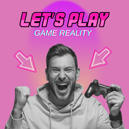 Happy Man with Gamepad Playing Video Game Instagram Design Template