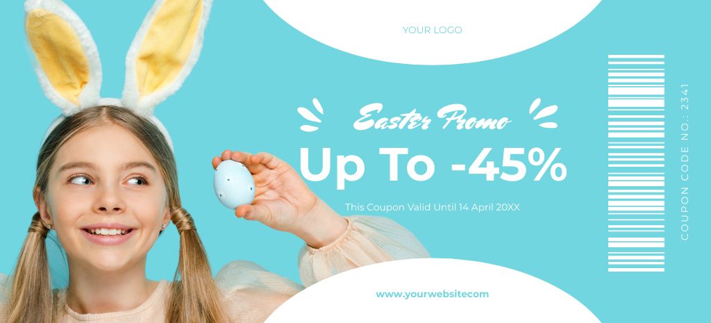 Plantilla de diseño de Easter Promo with Child in Bunny Ears Holding Painted Easter Egg Coupon 3.75x8.25in 