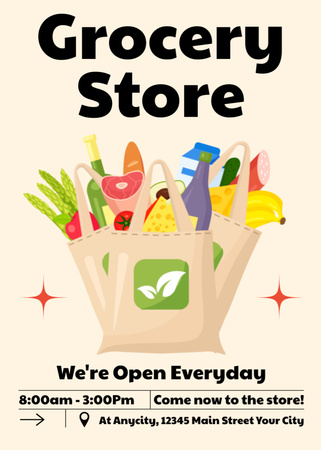 Plantilla de diseño de Ilustración de tienda de comestibles abierta diariamente Flayer 