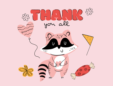 Thankful Phrase with Cute Raccoon Thank You Card 4.2x5.5in Design Template