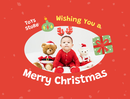 Szablon projektu Życzenia bożonarodzeniowe z uroczym dzieckiem i zabawkami Postcard 4.2x5.5in