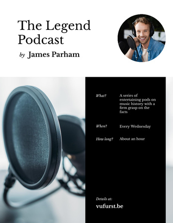Podcast Annoucement with Man in headphones Poster 8.5x11in Design Template