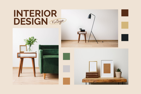 Vintage Interior Designs Variations in Green and Brown Mood Board Design Template