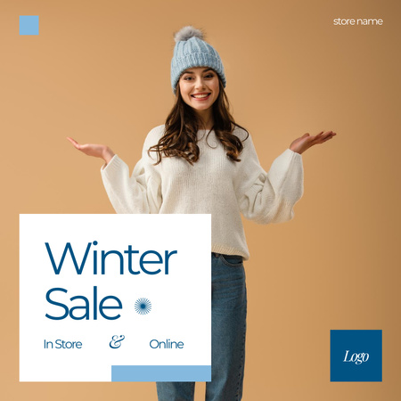 Winter Sale Announcement with Smiling Woman Instagram Design Template