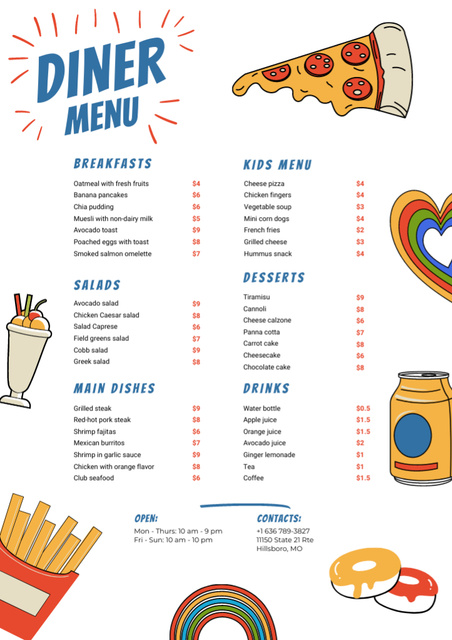 Cartoon Illustrated List of Foods in Diner Menu Design Template