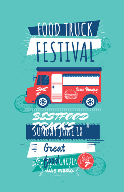 Food Truck Festival Announcement With Illustration of Van Invitation 5.5x8.5in Tasarım Şablonu