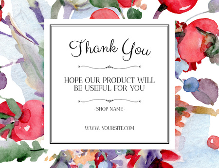 Suluboya çiçek resmi ile teşekkür mesajı Thank You Card 5.5x4in Horizontal Tasarım Şablonu